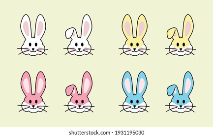 Set of cute cartoon bunny rabbit faces with different colors and ears, vector illustration for Easter