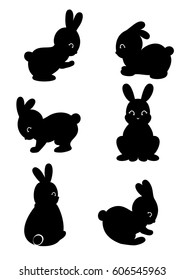 Set of cute cartoon bunny and rabbit silhouette isolated on white background