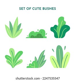 Set of cute cartoon bushes in flat style design, decorative floral landscape, environment nature illustration