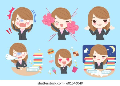 Set of cute cartoon business woman with different emotion