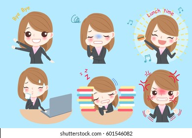 Set of cute cartoon business woman with different emotion