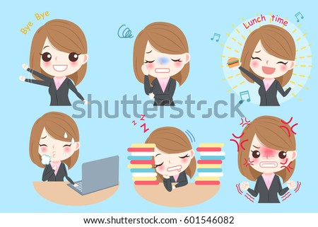 Set of cute cartoon business woman with different emotion