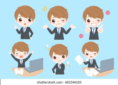Set of cute cartoon businessman with different emotion on blue background