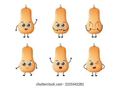 Set of cute cartoon butternut squash vegetables vector character set isolated on white background