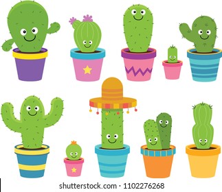 Set of Cute Cartoon Cactus Clipart. 