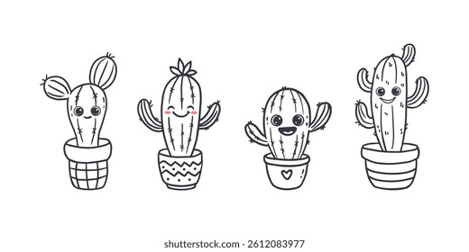 Set of cute cartoon cactus with eyes on the white background. Funny cactus in doodle style for coloring, cards. Vector illustration
