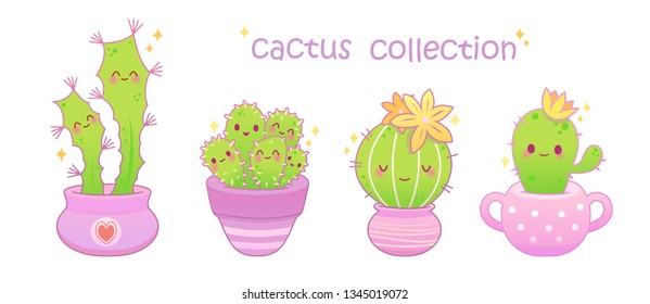 set of cute cartoon cactus  with funny faces stickers. cute stickers or patches or pins collection