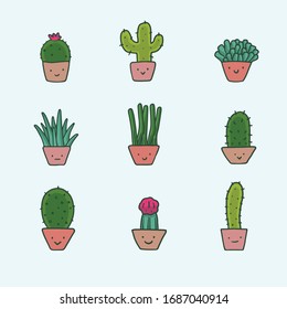 Set of cute cartoon cactus with funny kawaii faces in pots. Vector illustration.