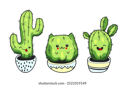 Conjunto de lindos cactus de dibujos animados con caras kawaii divertidas en ollas. Ilustración vectorial.