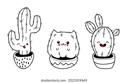 Conjunto de cactos de desenhos animados bonitos com rostos kawaii engraçados em potes. Ilustração vetorial.