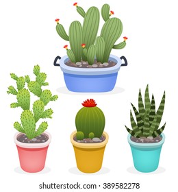 set of cute cartoon cactus into pots on white background. can be used like stickers, for greeting cards or posters