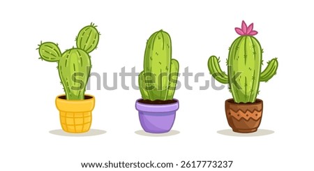 Set of cute cartoon cactus in the pot on the white background. Cactus in flat style for magazine, cards, games, books. Funny cacti. Vector illustration
