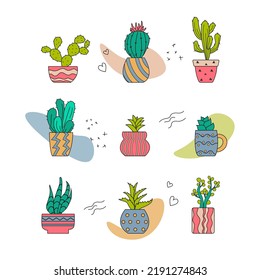 Set of cute cartoon cactus in pots. Vector illustration.