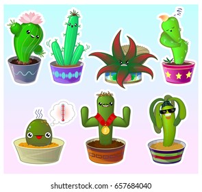 Set of cute cartoon cactus in pots, vector illustration