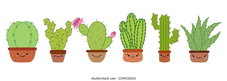 Set of cute cartoon cactus. Succulent. Aloe. Vector illustration, isolated on a white background. Scandinavian style flat design. Concept for children print.