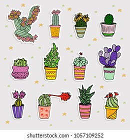 Set of cute cartoon cactus and succulents 