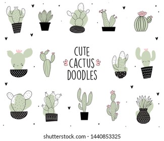 Set of Cute cartoon cactus and succulents drawing. Cacti doodle illustration set. can be used for cards, invitations or like sticker