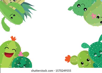 set of cute cartoon cactus and succulents with funny happy faces, expression in flowerpot on corner. simple flat design illustration vector. concept for cards, invitations, sticker, with copy space.