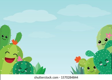 set of cute cartoon cactus and succulents funny happy faces, expression in flowerpot in blue sky background. flat design illustration vector. concept cards, invitations, sticker, with copy space.