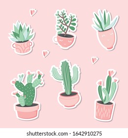 Set of cute cartoon cactus and succulents stickers. 