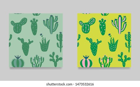 Set of cute cartoon cactuses. Collection of seamless pattern  Bright, colorful cactuses exotic texture. Floral ethnic background. Hand drawn kids vector illustration.