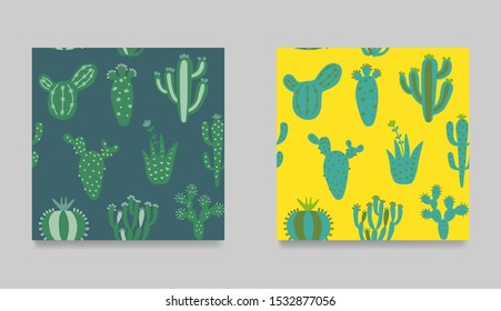 Set of cute cartoon cactuses. Collection of seamless pattern  Colorful cactuses exotic texture. Floral ethnic background. Hand drawn kids vector illustration.