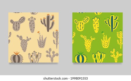 Set of cute cartoon cactuses. Collection of seamless pattern  Bright, colorful cactuses exotic texture. Floral ethnic background. Hand drawn kids vector illustration.