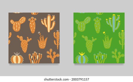 Juego de lindos cactús de dibujos animados. Colección de un patrón sin fisuras Cactancia colorida utiliza textura exótica. Origen étnico floral. Ilustración vectorial de niños dibujados a mano.
