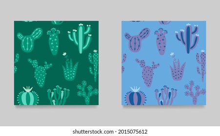 Set of cute cartoon cactuses. Collection of seamless pattern  Creative, multicolor cactuses exotic texture. Floral ethnic background. Hand drawn kids vector illustration.