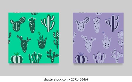 Set of cute cartoon cactuses. Collection of seamless pattern  Bright, colorful cactuses exotic texture. Floral ethnic background. Hand drawn kids vector illustration.