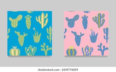 Set of cute cartoon cactuses. Collection of seamless pattern  Bright, colorful cactuses exotic texture. Floral ethnic background. Hand drawn kids vector illustration.