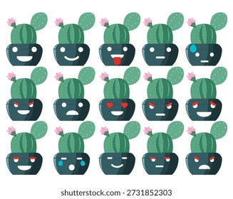 Conjunto de lindos cactus de dibujos animados. Suculentas con emociones. Personajes de plantas de cactus con caras antropomórficas divertidas en macetas. Divertidas pegatinas e insignias de cactus. Ilustraciones vectoriales planas aisladas en blanco