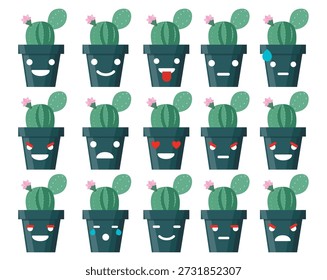 Set of cute cartoon cactuses. Succulents with emotions. Cactus plant characters with funny anthropomorphic faces on pots. Funny cacti stickers and badges. Flat vector illustrations isolated on white