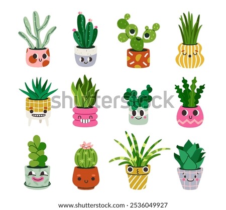 Set of cute cartoon cactuses. Succulents with emotions. Cactus plant characters with funny anthropomorphic faces on pots. Funny cacti stickers and badges. Flat vector illustrations isolated on white