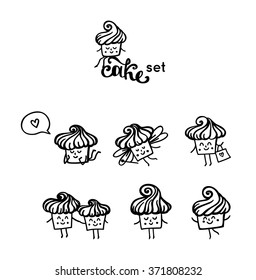 Set of cute cartoon cake. Bakery and pastries icon. Vector illustration