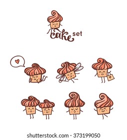 Set of cute cartoon cake. Bakery and pastries icon. Vector illustration