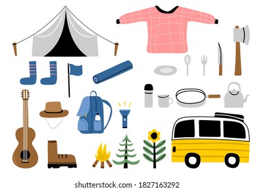 Set of cute cartoon camping equipment sweater, camp fire, tent, backpack, tree. Adventure outdoor activity background. Vector illustration. Seamless Pattern. Use for fabric, wallpaper, kids decor.