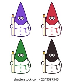 Set of cute cartoon Capirotes of different Catholic brotherhoods on Semana Santa (Holy Week) celebration in Spain. Vector illustration.