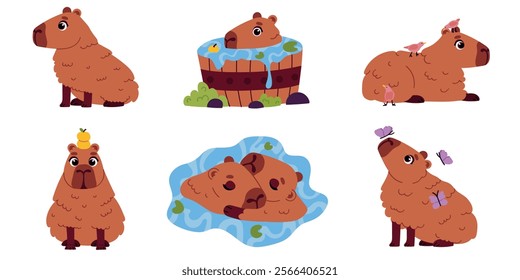 Set of cute cartoon capybara character in various poses: relaxing, bathing in wooden tub, sleeping with birds, playing with butterflies. Funny childish animal. Wild nature water 