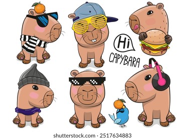 Set of Cute Cartoon Capybara isolated on a white background