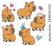 Set of cute Cartoon Capybaras isolated on a white background