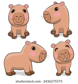 Set of cute Cartoon Capybaras isolated on a white background