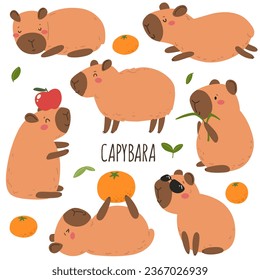 Se monta con el lindo dibujo de Capybaras. Animales vectoriales, impresión infantil de estilo plano.