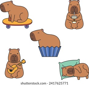 Set of cute cartoon capybaras. Vector illustration.