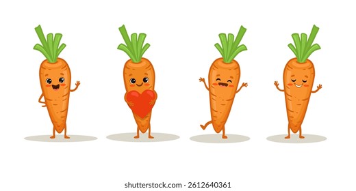set of Cute cartoon carrot characters with emotions. Cute carrot with smile isolated on white background. Carrot in different poses. Vector illustration.