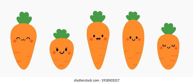 Conjunto de adorables iconos de zanahorias de dibujos animados aislados en ilustración vectorial de fondo blanco. 
