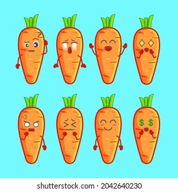 Set of cute cartoon carrots icon. Eight Carrots with various emotions. Carrots emoji bundle. Vegetables Flat design isolated vector.