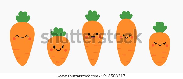 Set of cute cartoon carrots icon isolated\
on white background vector illustration.\
