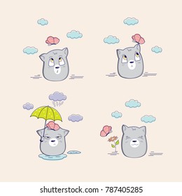 Set with cute cartoon cat with butterfly, umbrella and clouds. Greeting cards, brochures, invitations design. Cartoon animals collection