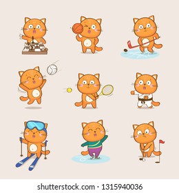 Conjunto de personajes adorables del gato de dibujos animados que representan diferentes deportes: ajedrez, baloncesto, hockey, voleibol, tenis, karate, esquí, patinaje artístico, golf. Colección de vectores deportivos y sanitarios